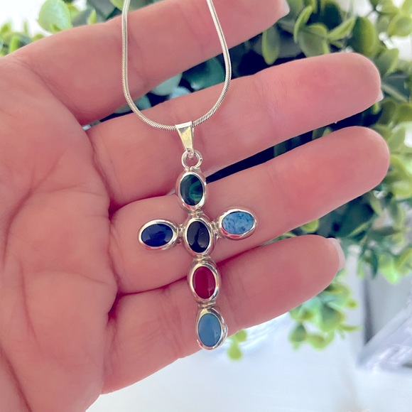 Vintage Native American Sterling Silver Multi Gemstone Cross Pendant/thick chain - Picture 6 of 7